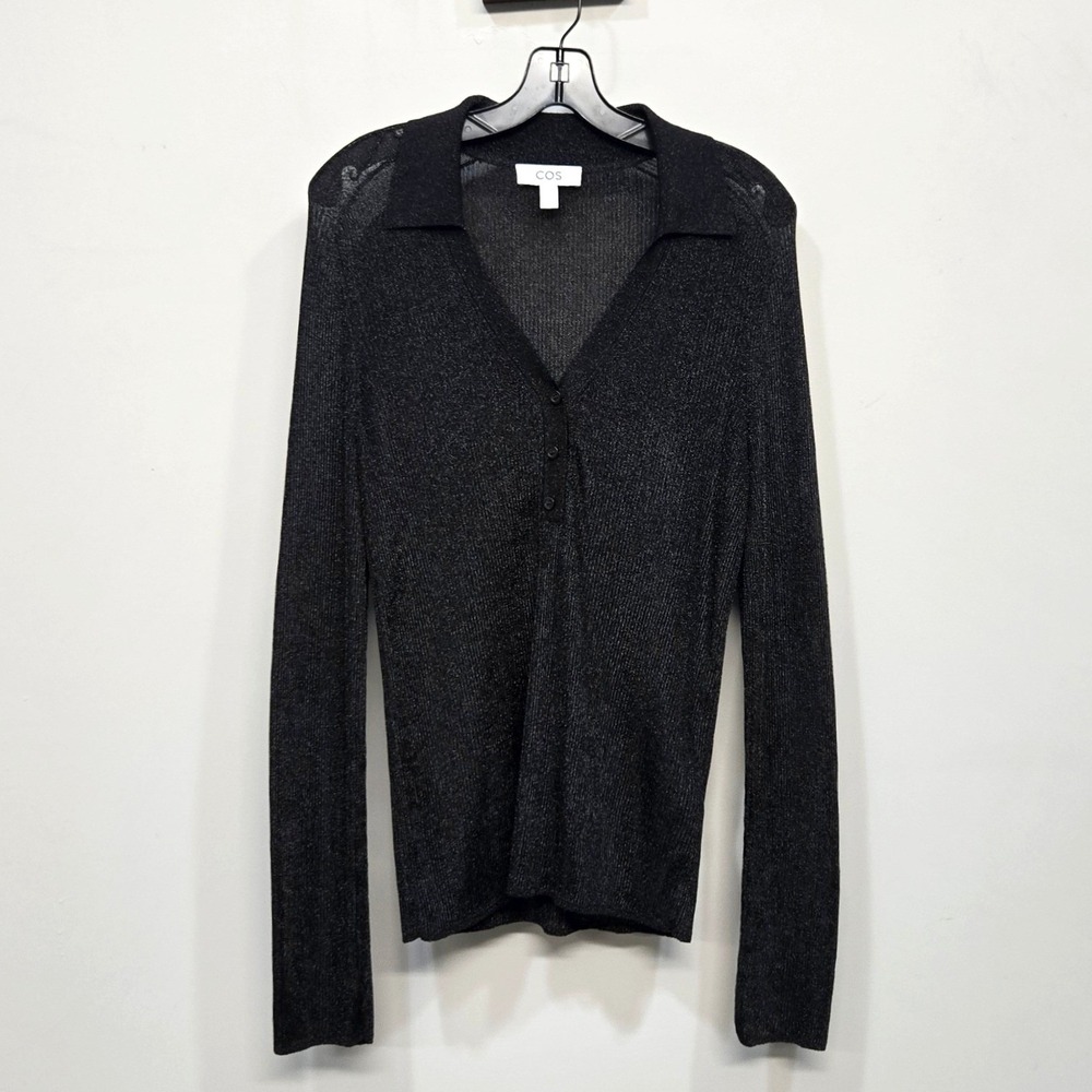 COS Sheer Metallic Knit Top Shirt Large Black Silver Ribbed‎ Collared Minimalist